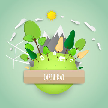 Earth day concept. with Green Eco Earth, wind turbine and Trees, Mountain, river. Vector illustration.