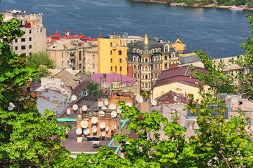 Landscape photograph of Kyiv’s many rooftops with satellite dishes. The river of the Dnieper in the background. Spring sunny day. Kyiv (Kiev). Ukraine