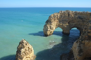 Marinha beach with its beautiful cliffs scenery in Lagoa. Algarve, Portugal