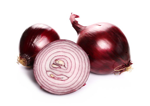 red onion bulbs and slice isolated on white background