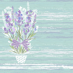 Lavender in a flowerpot on wood texture background. Vector illustration with place for text. Invitation, greeting card or an element for your design.