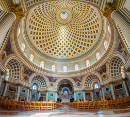 Fototapeta na wymiar Panoramic interior shot of Mosta Dome in Mosta, Malta. Church of the Assumption of Our Lady known as Rotunda of Mosta the third largest church in Europe