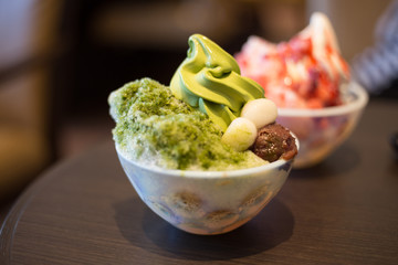 Japanese style shaved ice with Matcha green tea ice creams.
