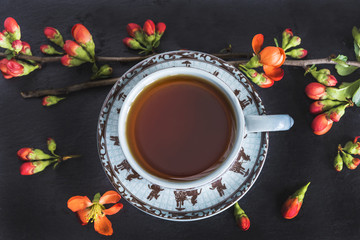 tea concept/cup of tea and chaenomeles flowers on slate background