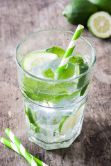 Mojito cocktail in glass on wooden background
