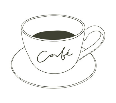 Cup of espresso and handwritten text cafe. Coffee illustration on the white background