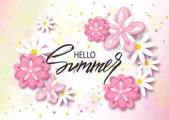 Hello summer background with beautiful flowers. Greeting card with hand drawn lettering. Vector illustration template, banners. Wallpaper, flyers, invitation, posters, brochure.