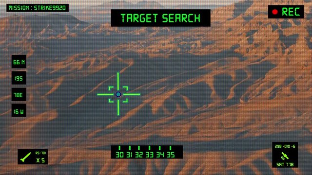 Viewfinder of a military helicopter / plane looking for a target to shoot and bomb. Desert area.