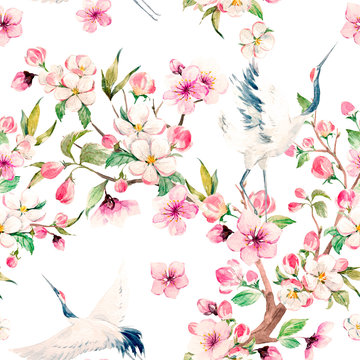 Watercolor crane with flowers pattern