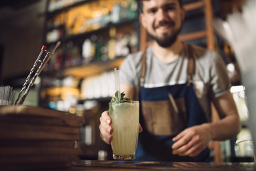 Young male bartender preparing an alcohol cocktail