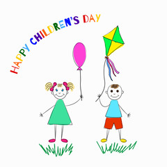 International children's day. Greeting card with hand drawn girl with a balloon and a boy with a kite. 
