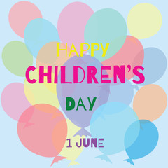 International children's day. Card colorful balloons on a blue background