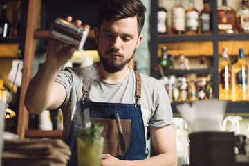 Young male bartender preparing an alcohol cocktail