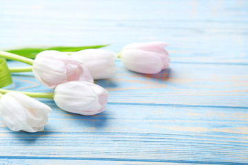 Bouquet of tulips on blue wooden table