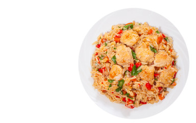 Chicken Breast with Rice and vegetables. top view. isolated on white