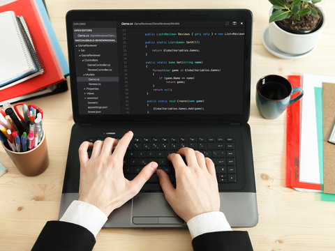 coding code program programming developer compute web development coder work design software closeup desk write workstation key password theft hacking firewall concept - stock image