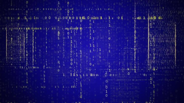 Matrix Digital Text. Yellow Running code text flying on BLUE BG.Technological intro,screensaver. techno background.