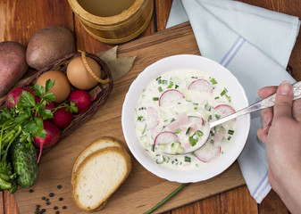 Cold soup with whey and white bread, okroshka