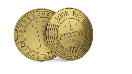 Golden Bitcoin coin. 3D rendering. Paths included