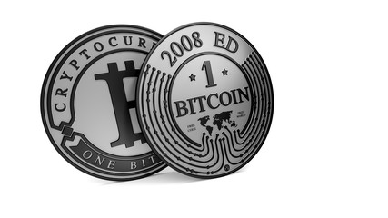 Silver and Platinum Bitcoin coin. 3D rendering. Paths included