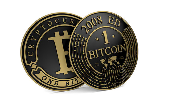 Golden Platinum Bitcoin coin. 3D rendering. Paths included