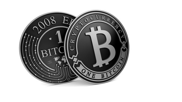 Silver and Platinum Bitcoin coin. 3D rendering. Paths included