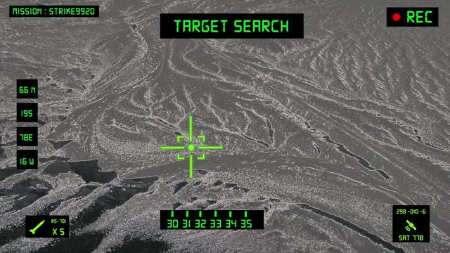 Viewfinder of a military helicopter / plane looking for a target to shoot and bomb. Desert area.