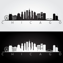Obraz premium Chicago USA panoramę i zabytki sylwetka, czarno-biały projekt.