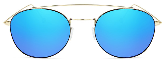 golden sunglasses  blue mirror lenses  isolated on white background