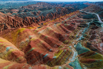 Aerial view on the colorful rainbow mountains of Zhangye danxia landform geological park in Gansu province, China, May 2017