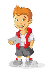 Boy Cartoon character holding a computer tablet. Vector illustration in cartoon style.