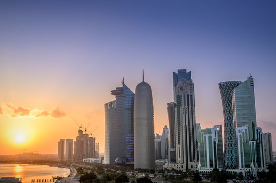 Doha, Qatar skyscrapers at sunset