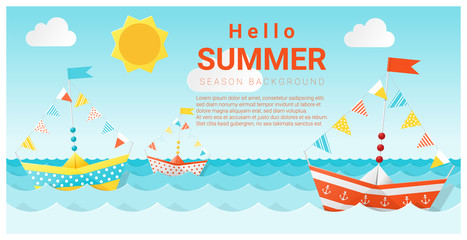 Naklejka premium Hello summer background with colorful paper ship , vector , illustration