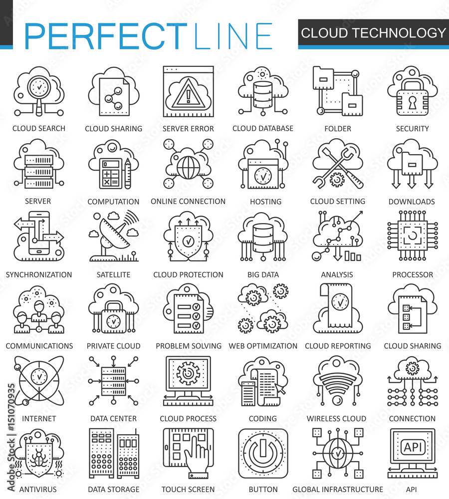 Aufkleber cloud data technology services outline concept symbols. perfect thin line icons. connection modern s
