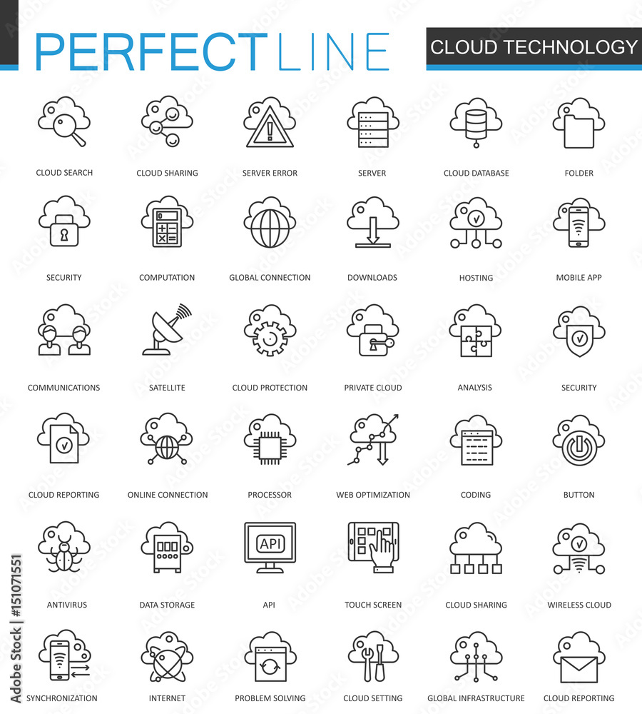 Aufkleber Cloud data technology services thin line web icons set. Connection outline stroke icon design.