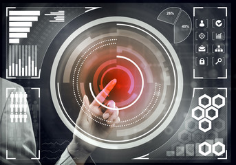 Hand of businesswoman pressing with finger icon on media screen