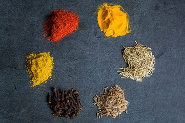 Сухие специи. Розмарин, зира, гвоздика, куркума, паприка, и карри. 