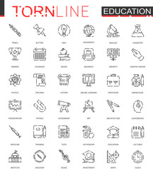 School education thin torn line web icons set. Outline dashed stroke icon design.