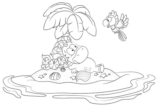 Fototapeta Einhorn auf einsamer Insel Vektor Illustration