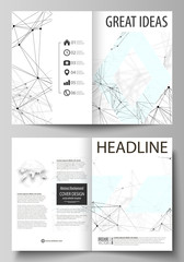Business templates for bi fold brochure, flyer, report. Cover design template, vector layout in A4 size. Chemistry pattern, connecting lines and dots, molecule structure on white, geometric background