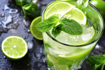 Cold summer drink mojito in a tall glass.