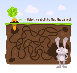 Help the rabbit to find the carrot! Vector maze game.