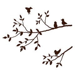 Branch of a tree with birds isolated on a white background. Vector illustration.