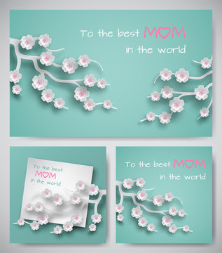 Set of green greeting cards or banners for mother's day. Sheet of paper with congratulation text, backgrounds decorated cuted paper branches of cherry flowers, paper cut art style. Vector illustration