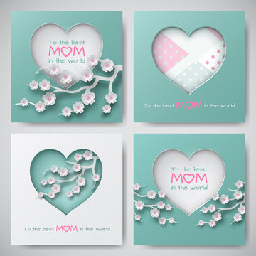 Set of greeting cards for mother's day with congratulation text, cuted paper circle and heart decorated cherry flowers, heart on dotted background, paper cut style. Vector illustration, layers isolate