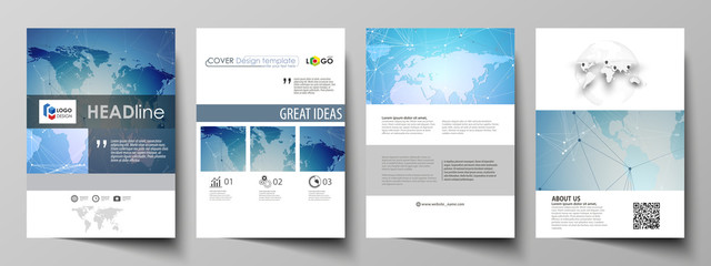 The vector illustration of the editable layout of A4 format covers design templates for brochure, magazine, flyer, booklet, report. World map on blue, geometric technology design, polygonal texture.