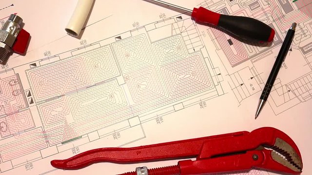 Office desk with hydraulic fittings, helmet  and radiant floor design      