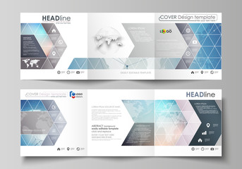 The minimalistic vector illustration of editable layout. Two modern creative covers design templates for square brochure or flyer. Polygonal geometric linear texture. Global network, dig data concept.