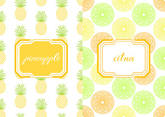 Seamless patterns with citrus fruit and pineapple