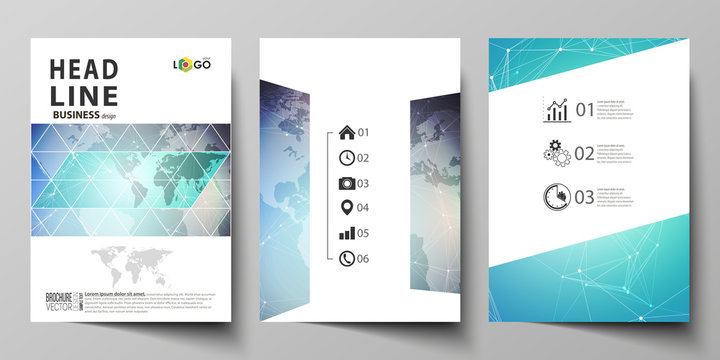 The vector illustration of editable layout of three A4 format modern covers design templates for brochure, magazine, flyer, booklet. Molecule structure, connecting lines and dots. Technology concept.